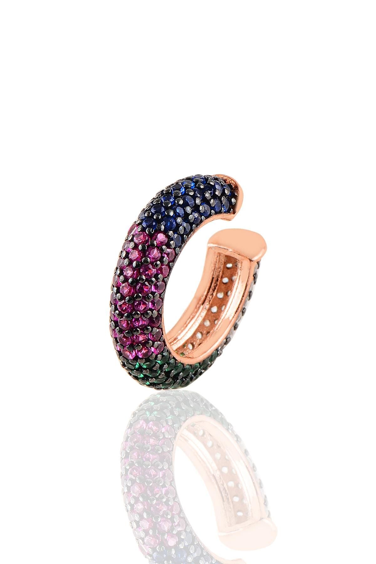 Gümüş rose 5 sıralı  renkli taşlı kıkırdak küpe SGTL11017MIX