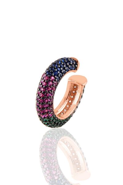 Gümüş rose 5 sıralı  renkli taşlı kıkırdak küpe SGTL11017MIX