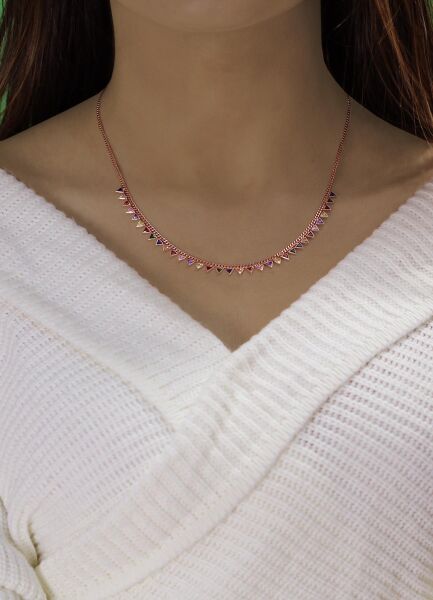 Gümüş rose renkli taşlı gurmet zincirli piramit kolye  SGTL10491ROSE