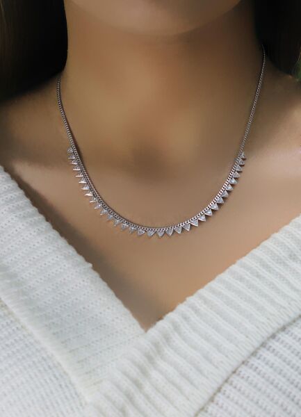 Gümüş rodyumlu zirkon taşlı gurmet zincirli piramit kolye SGTL10492RODAJ