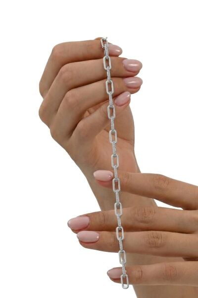 925 Ayar Gümüş Bileklik Zirkon Taşlı Modern Ataç Zincir Bileklik SGTL13238RODAJ