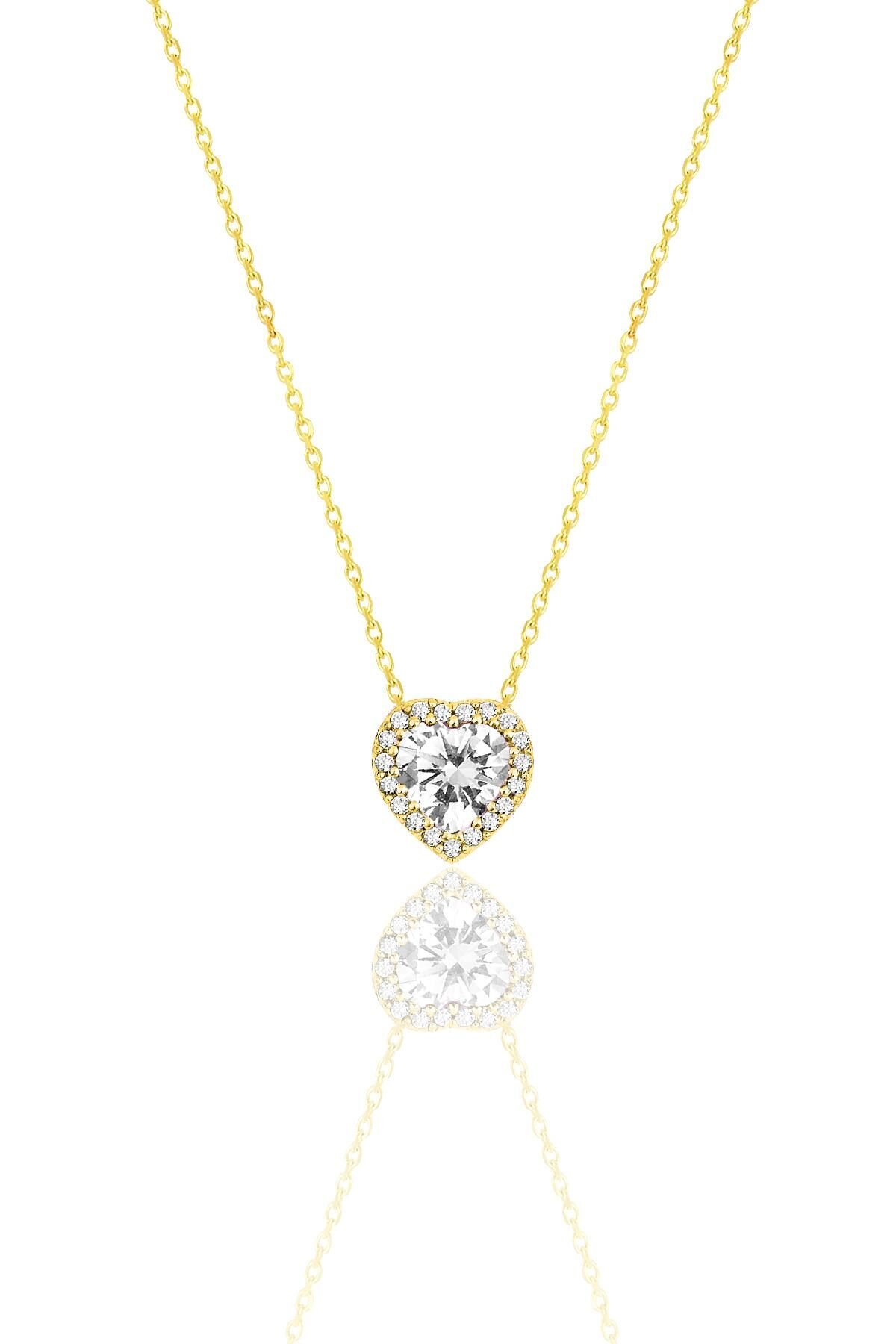 Gümüş Altın Yaldızlı Pırlanta Modeli Zirkon Taşlı Kalp Kolye SGTL12393GOLD
