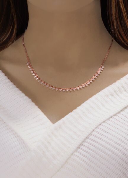 Gümüş rose zirkon taşlı gurmet zincirli piramit kolye SGTL10492ROSE