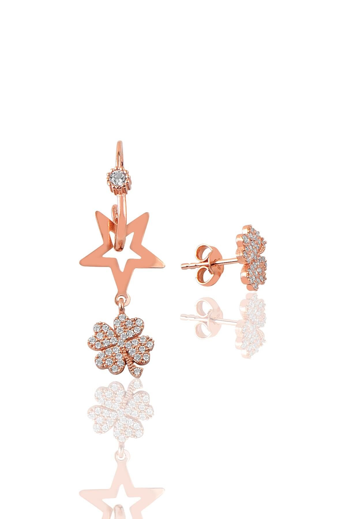 Gümüş yonca modeli göçmen halkalı şans küpesi SGTL9656