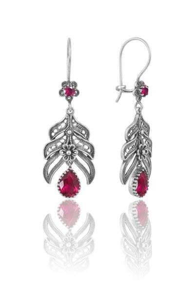 925 Ayar Gümüş Küpe Oksitli Fuşya Damla Taşlı Yaprak Model Telkari Küpe SGTL13239FUSYA