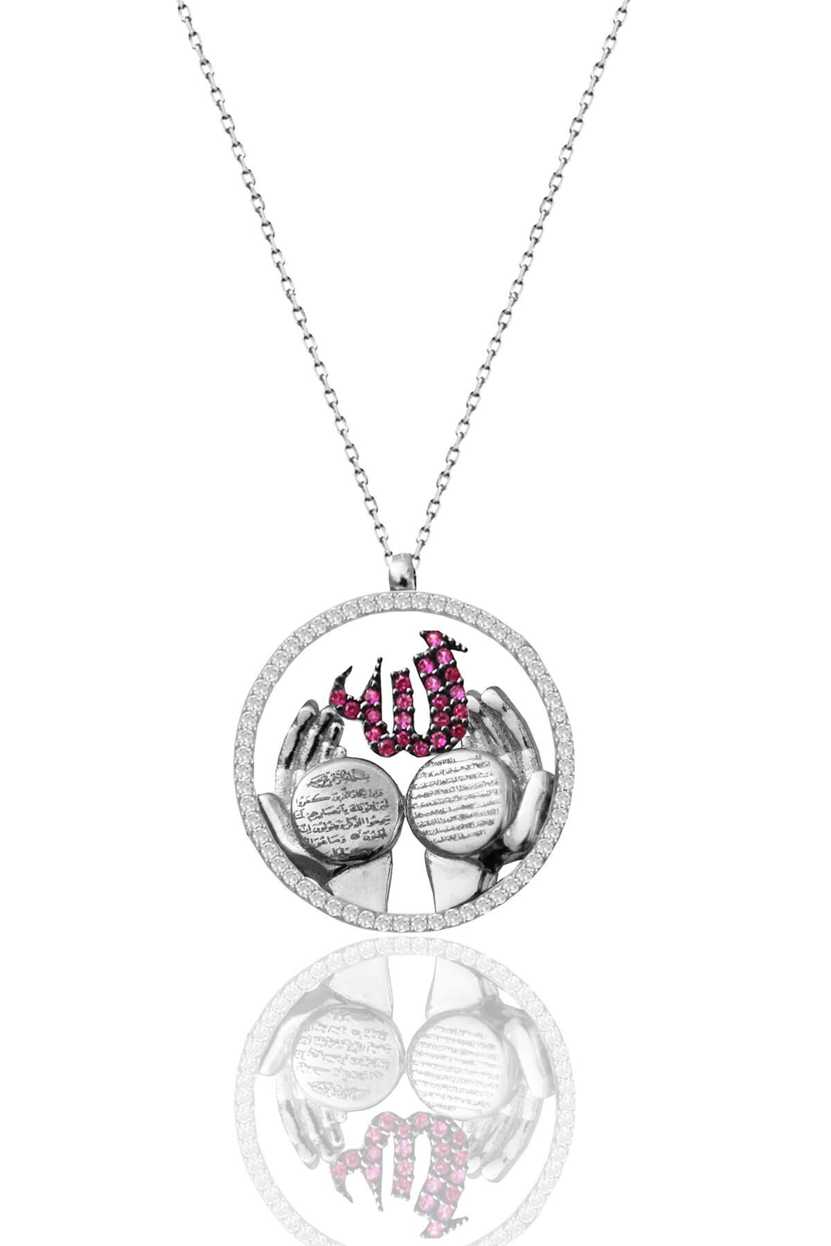 Gümüş rodyumlu fuşya taşlı ayetli ALLAH'a duacı eller kolye SGTL11214PEMBE