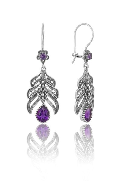 925 Ayar Gümüş Küpe Oksitli Mor Damla Taşlı Yaprak Model Telkari Küpe SGTL13239MOR