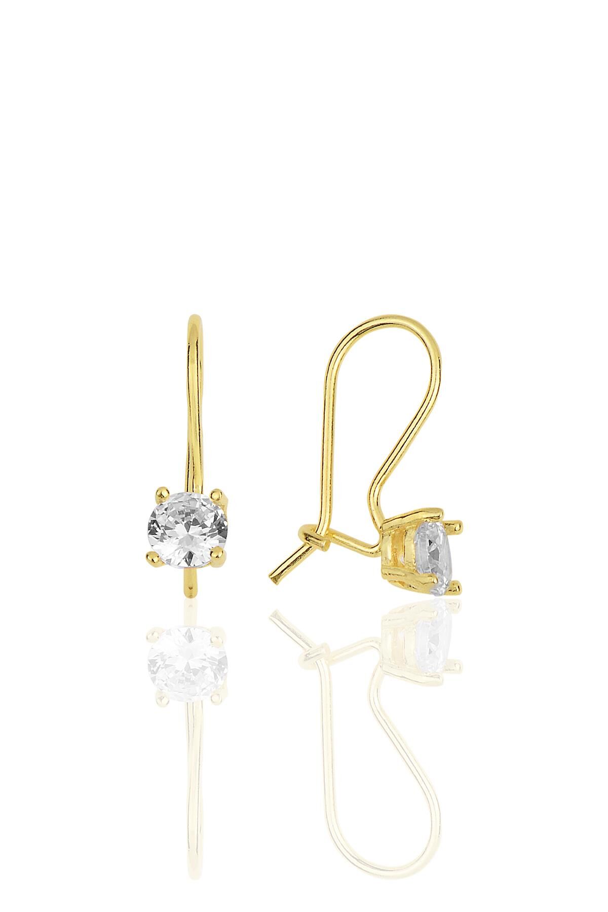 Gümüş altın yaldızlı zirkon taşlı pırlanta modeli çengelli tektaş küpe SGTL11949GOLD