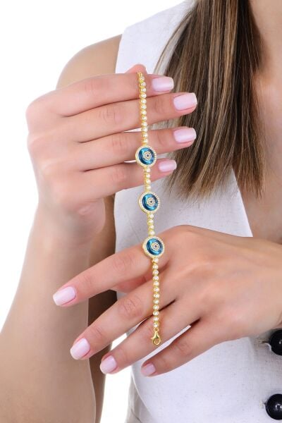 Gümüş altın yaldızlı zirkon taşlı üç nazar boncuklu cam göz su yolu bileklik SGTL12945GOLD