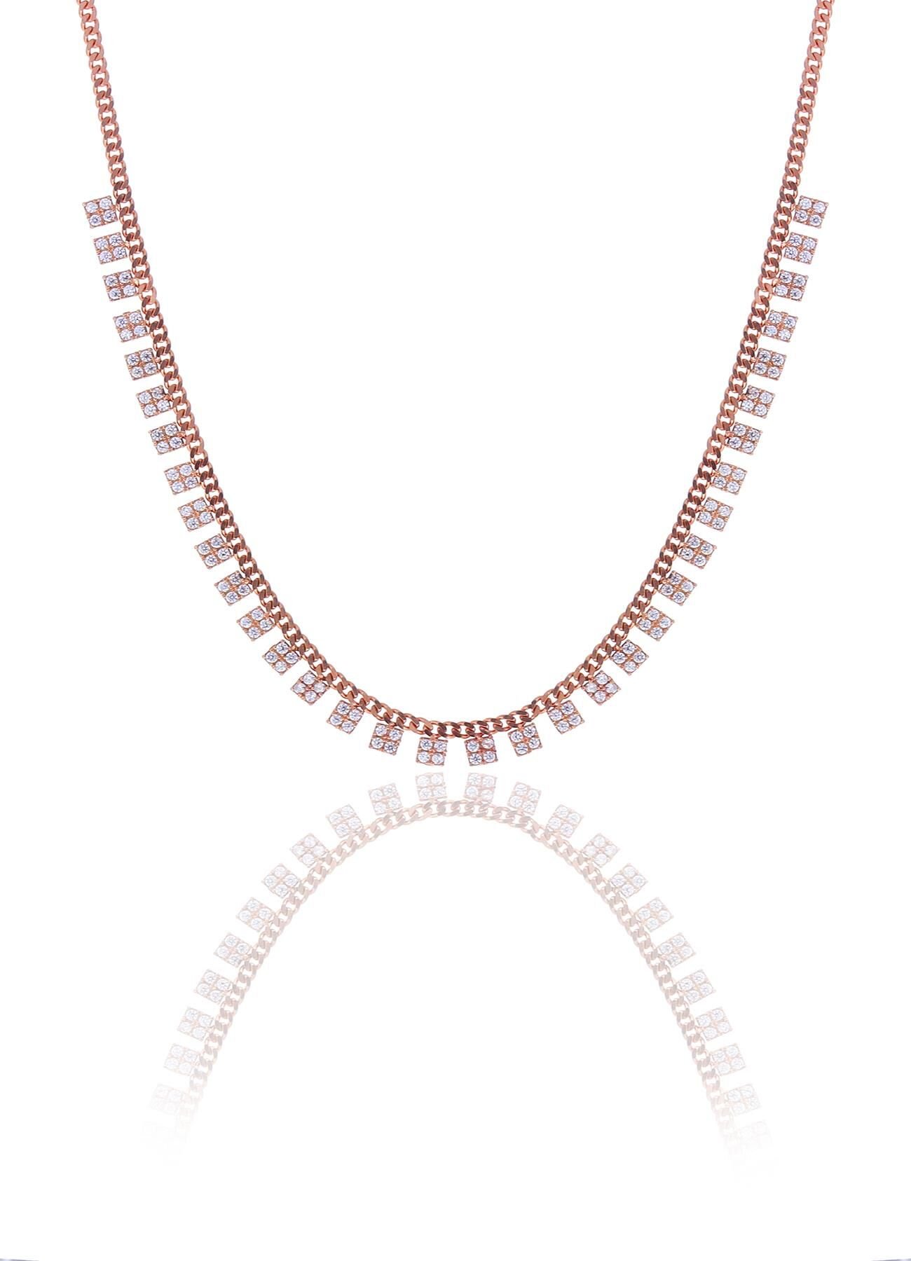 Gümüş rose zirkon taşlı gurmet zincirli kare kolye SGTL10493ROSE