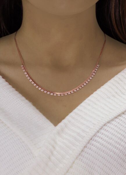 Gümüş rose zirkon taşlı gurmet zincirli kare kolye SGTL10493ROSE