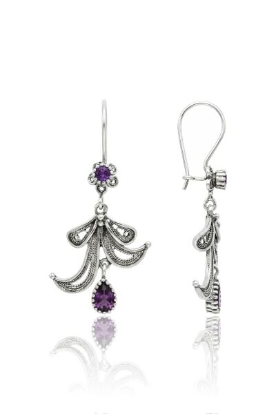 925 Ayar Gümüş Küpe Oksitli Mor Damla Taşlı Lale Motifli Telkari Küpe SGTL13240MOR