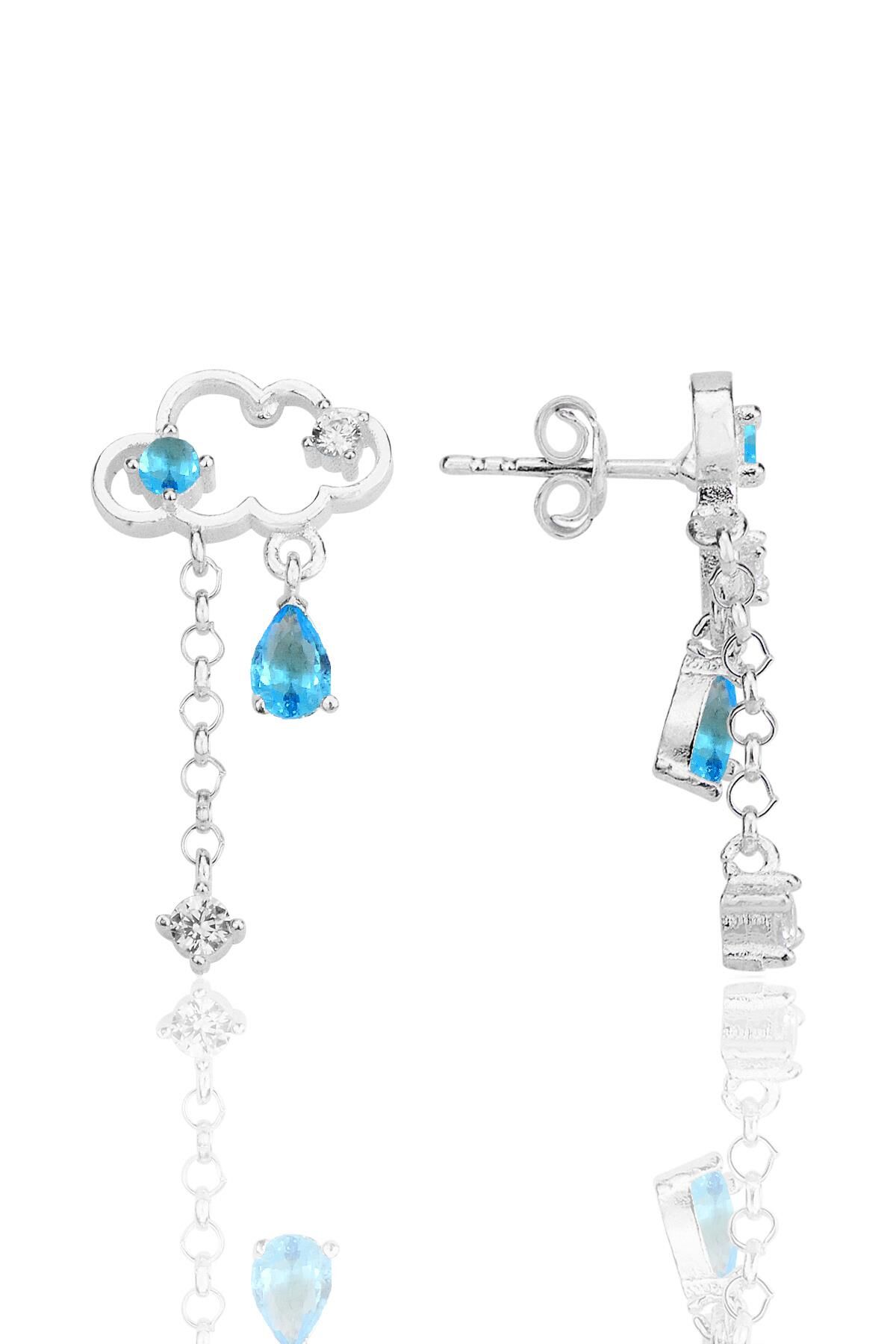 Gümüş rodyumlu akuamarin ve zirkon taşlı bulut küpe SGTL12346RODAJ