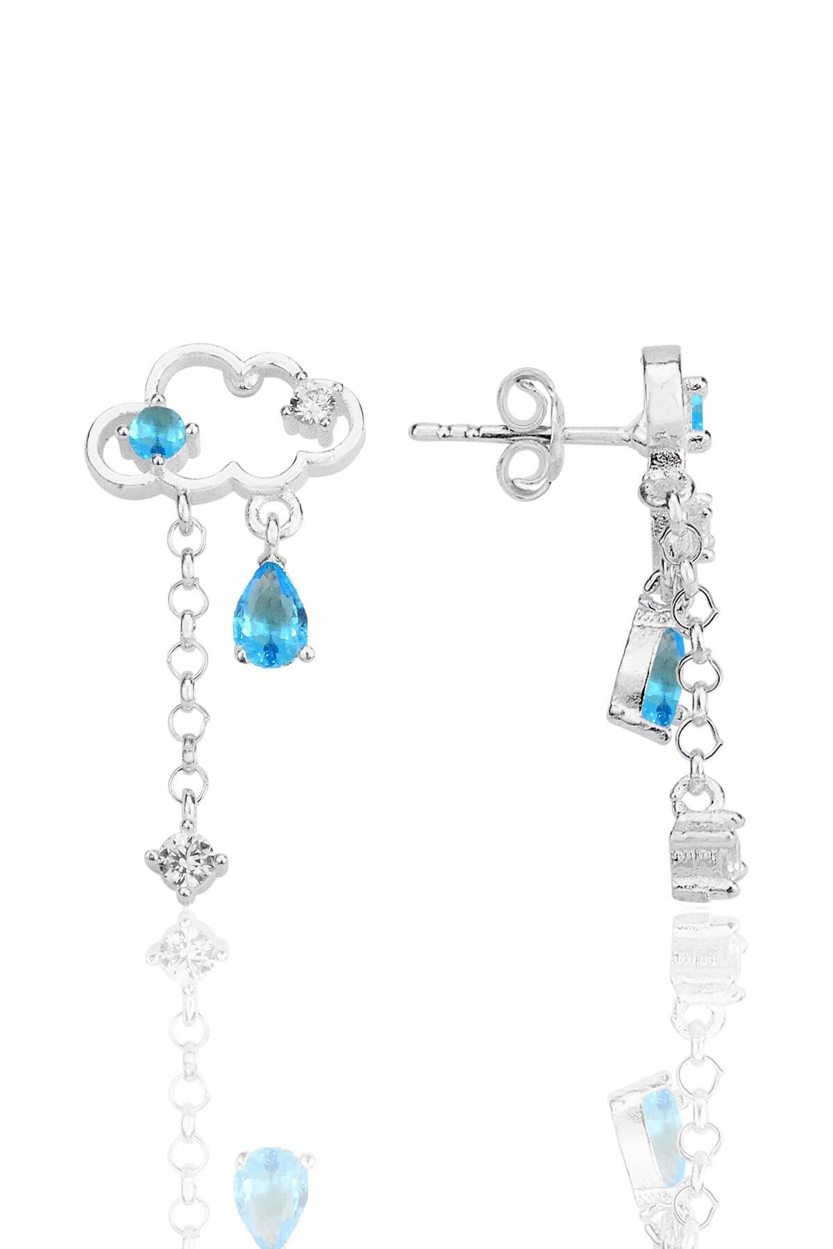 Gümüş rodyumlu akuamarin ve zirkon taşlı bulut küpe SGTL12346RODAJ