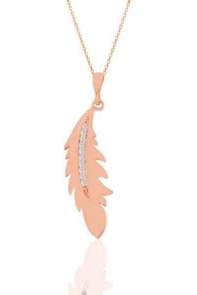 Gümüş rose zirkon taşlı tüy kolye SGTL11212ROSE