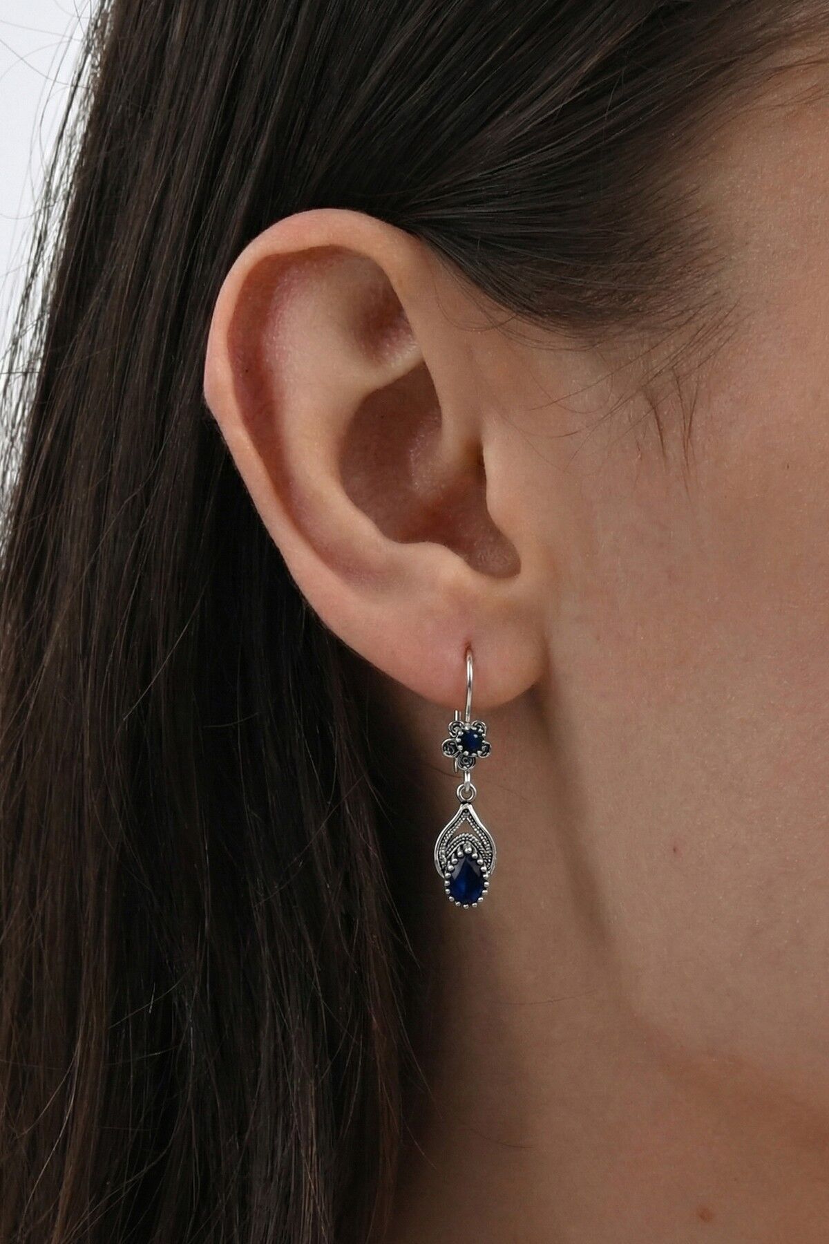 925 Ayar Gümüş Küpe Oksitli Telkari Lacivert Taşlı Damla Sallantılı Küpe SGTL13241LACIVERT