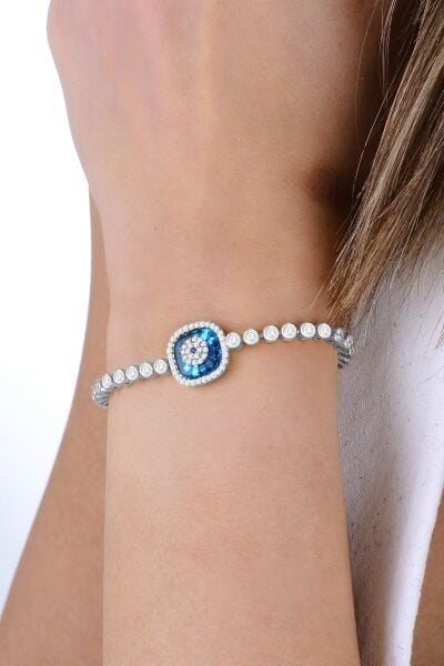 Gümüş rodyumlu zirkon taşlı kare nazar boncuklu asansörlü cam göz su yolu bileklik SGTL12946RODAJ