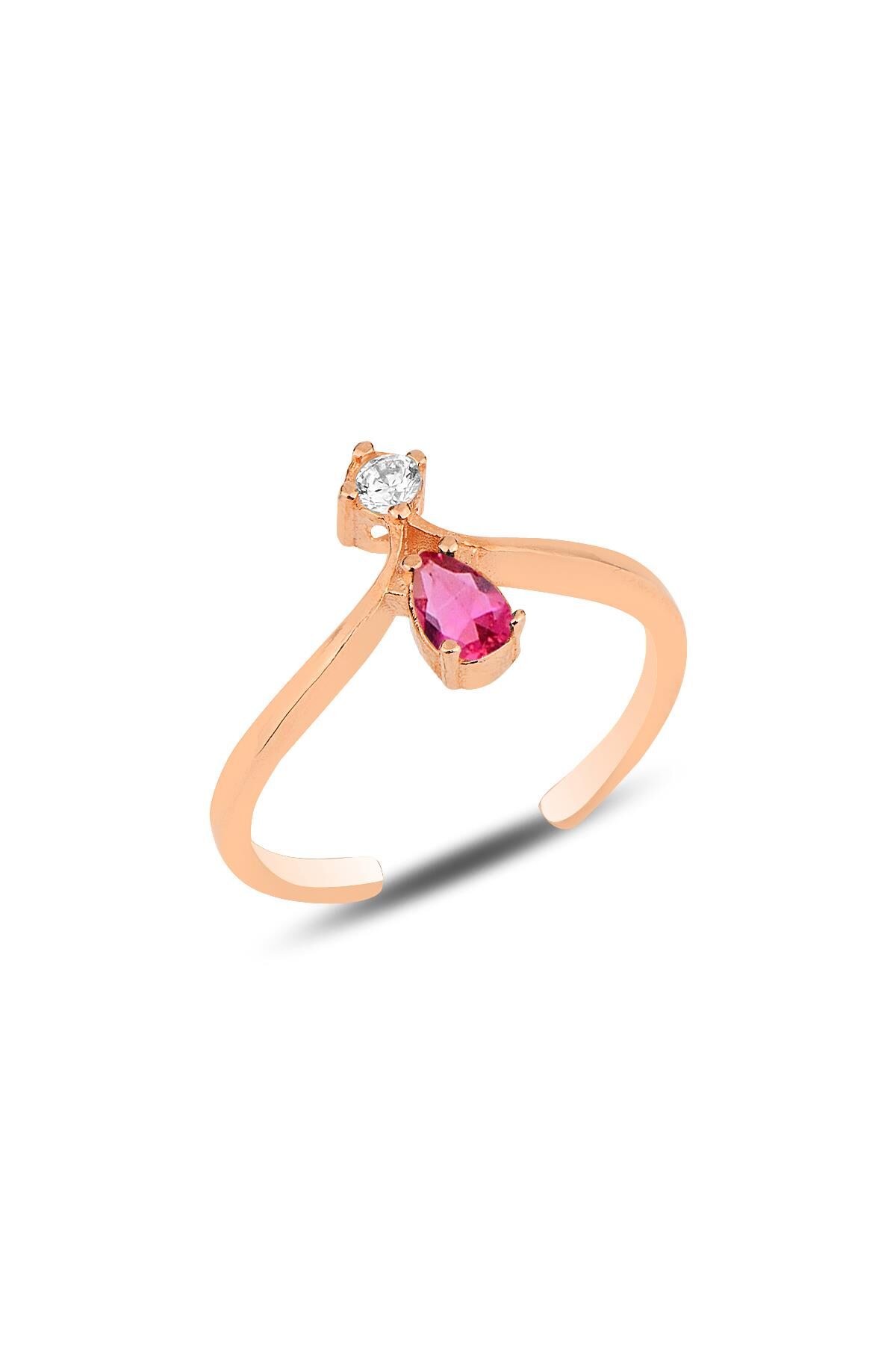 Gümüş rose fuşya taşlı taç modeli ayarlamalı damla yüzük SGTL12181FUSYA