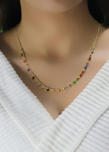 Gümüş altın yaldızlı doğal taşlı renk cümbüşü kolye SGTL10495GOLD