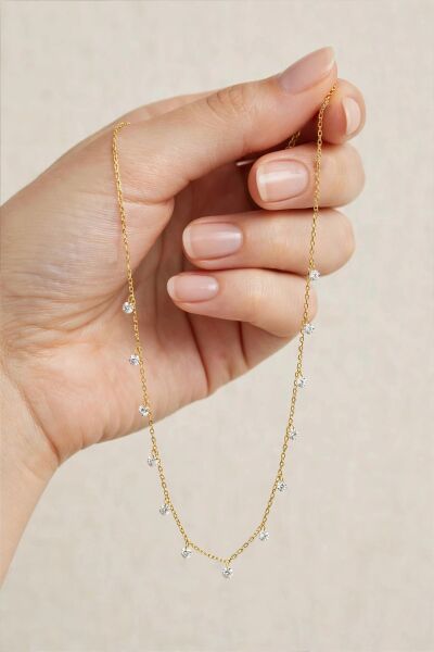 925 Ayar Gümüş Kolye Altın Kaplama Zirkon Taşlı Sallantılı Zincir Kolye SGTL13638GOLD