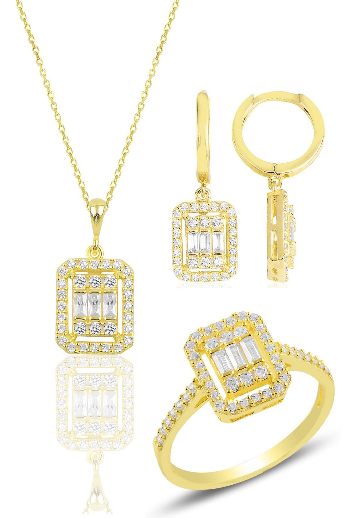 Gümüş altın yaldızlı baget taşlı çizgili üçlü set SGTL11565GOLD