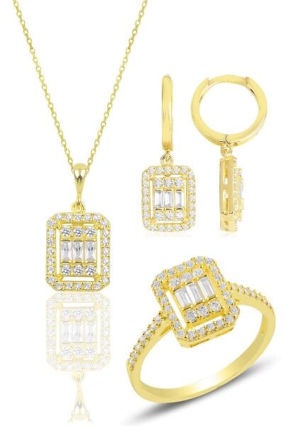 Gümüş altın yaldızlı baget taşlı çizgili üçlü set SGTL11565GOLD