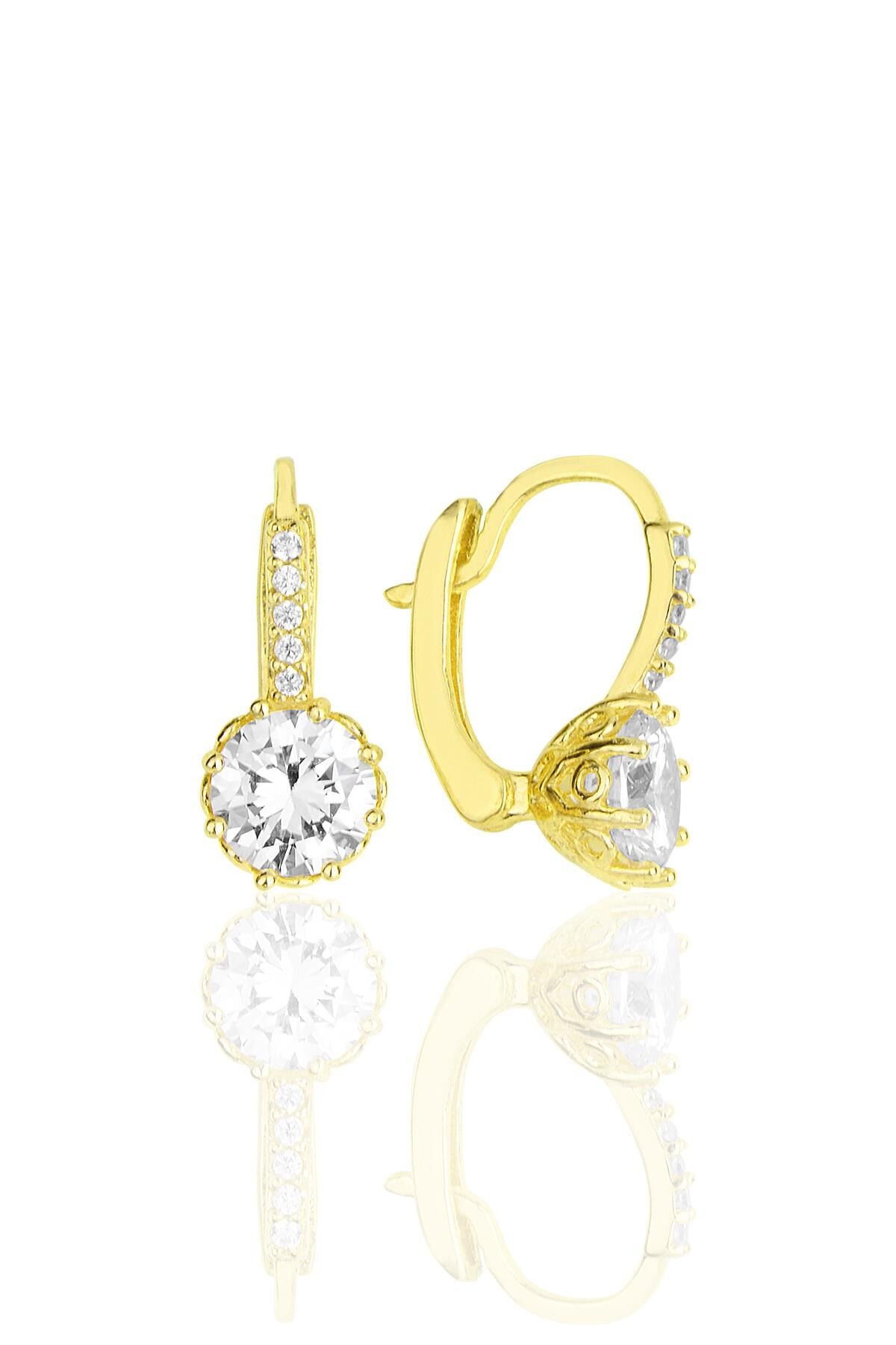 Gümüş altın yaldızlı zirkon taşlı elmas montürlü küpe SGTL11849GOLD