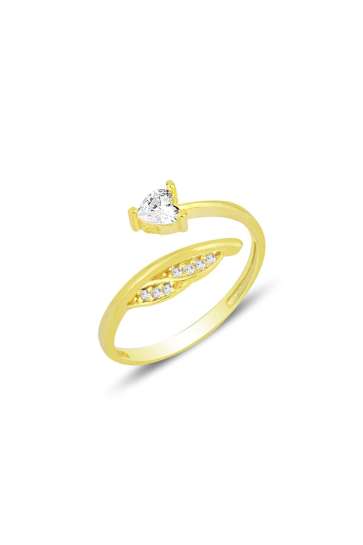 Gümüş altın yaldızlı zirkon taşlı kalp ve yaprak modeli ayarlamalı yüzük SGTL12167GOLD