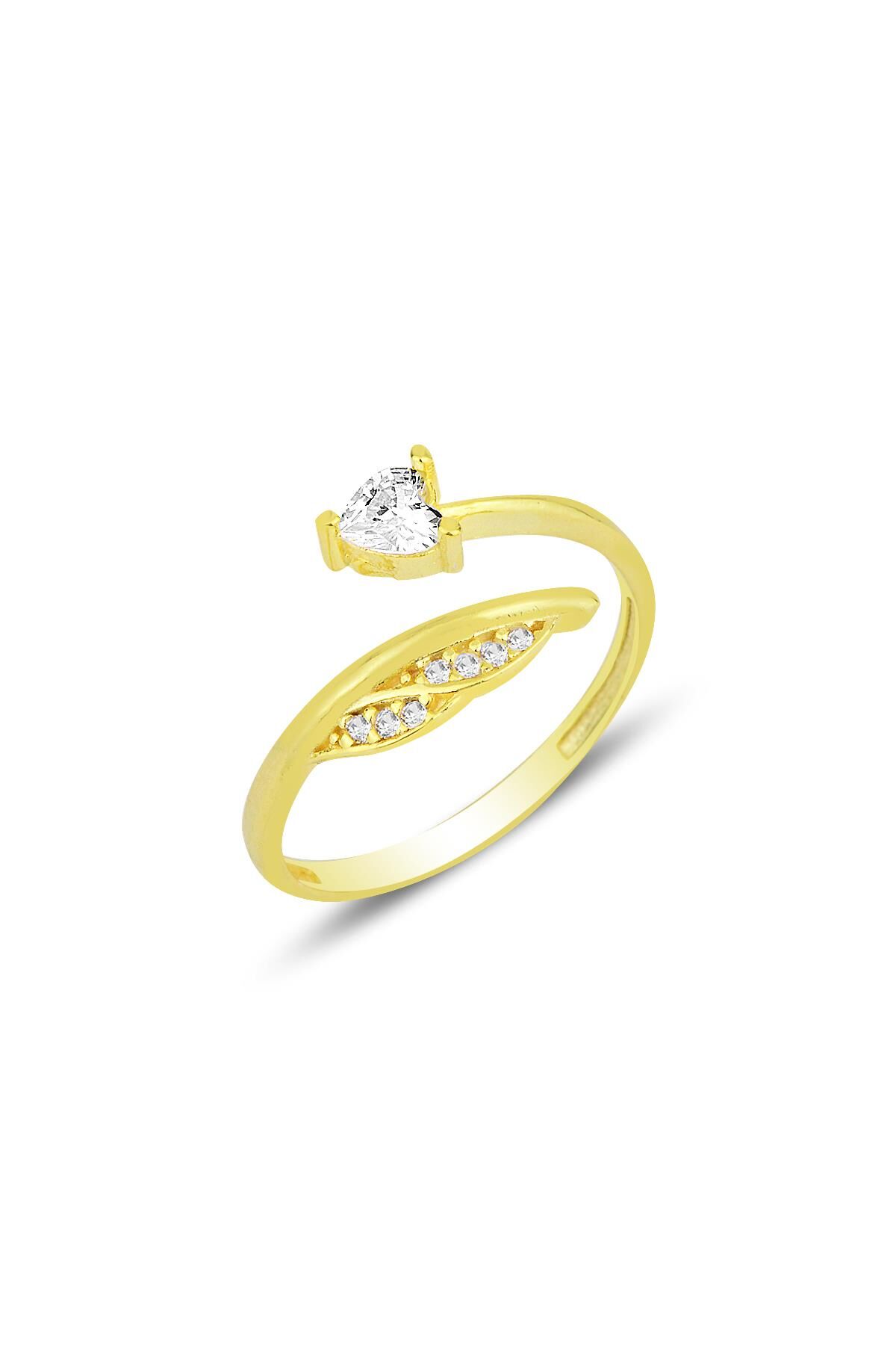 Gümüş altın yaldızlı zirkon taşlı kalp ve yaprak modeli ayarlamalı yüzük SGTL12167GOLD