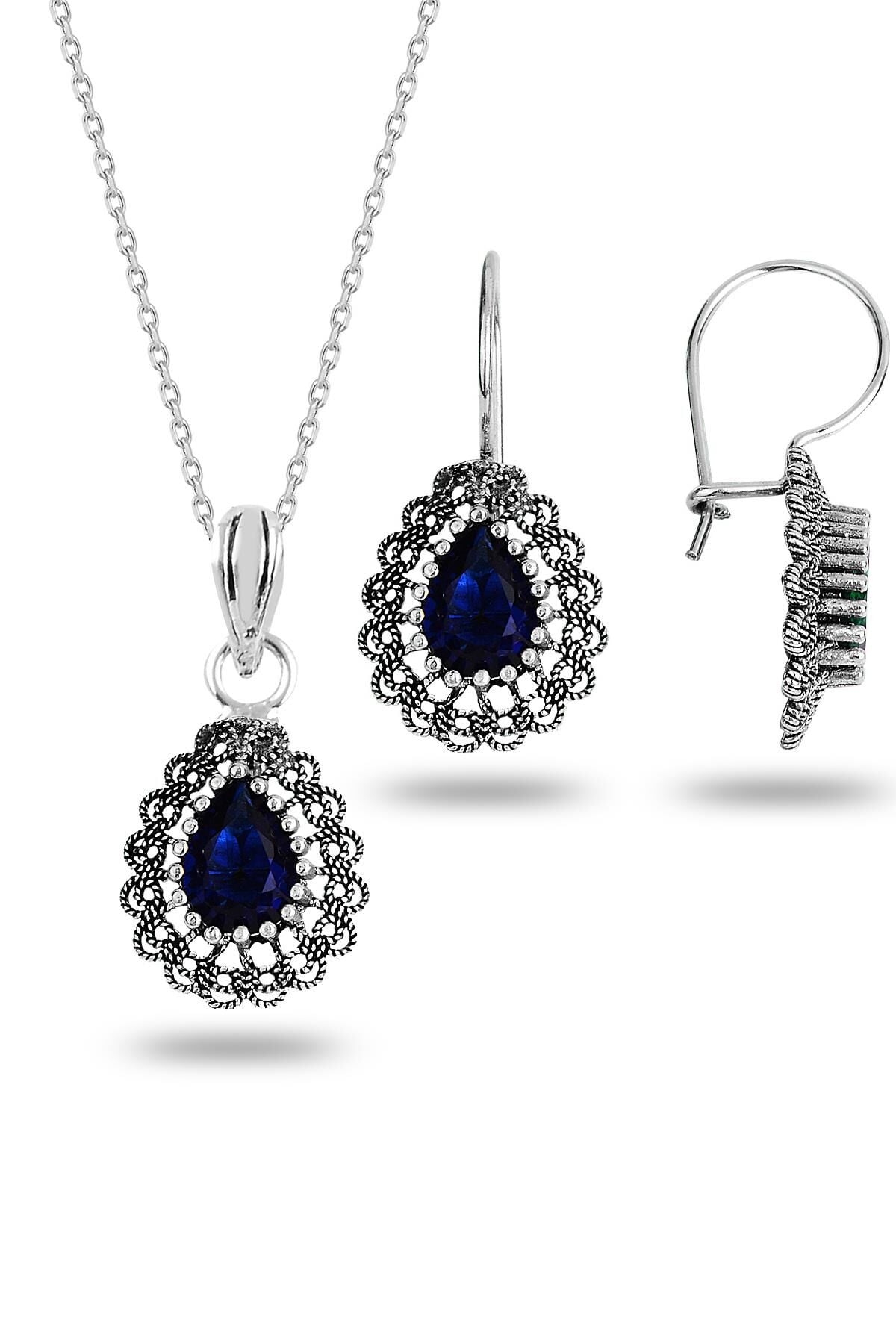 Gümüş safir taşlı oksitli telkari işlemeli damla kolye ve küpe ikili set SGTL12734LACIVERT
