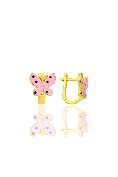 Gümüş altın yaldızlı pembe mineli kelebek çocuk küpesi SGTL12368GOLD