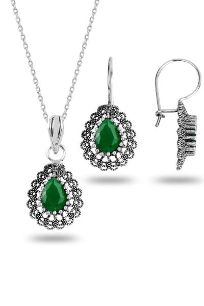 Gümüş kök zümrüt taşlı oksitli telkari işlemeli damla kolye ve küpe ikili set  SGTL12734YESIL