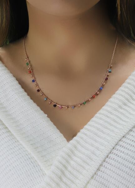 Gümüş rose doğal taşlı renk cümbüşü kolye SGTL10495ROSE