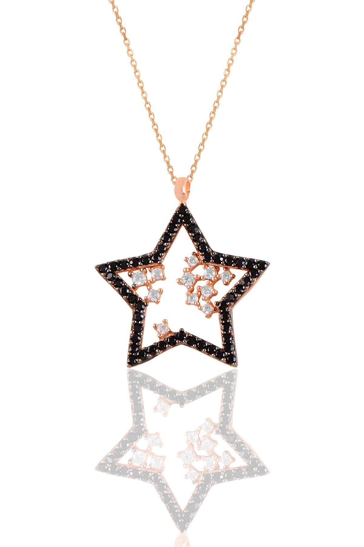 Gümüş rose siyah taşlı yıldız kolye SGTL11210SIYAH
