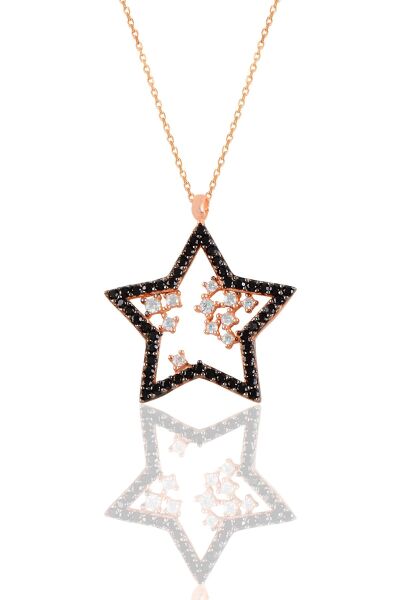 Gümüş rose siyah taşlı yıldız kolye SGTL11210SIYAH