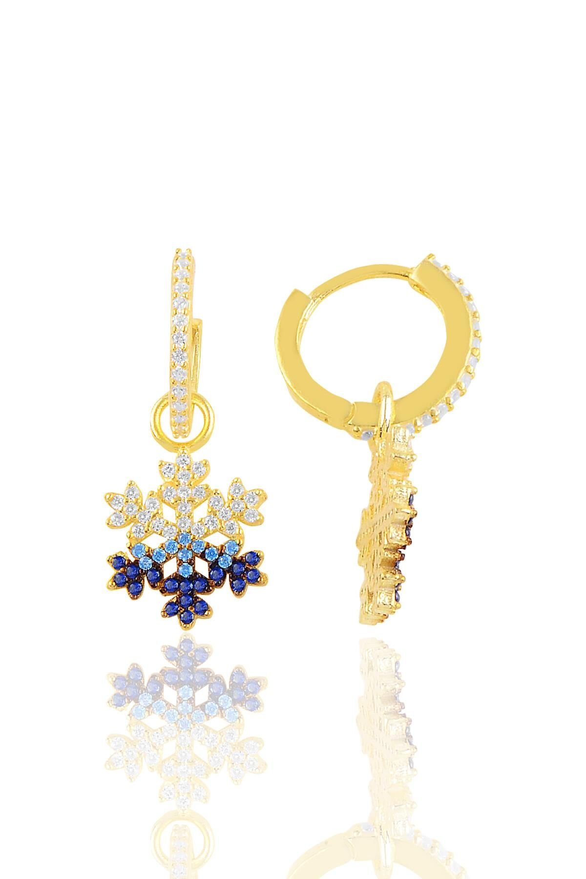 Gümüş altın yaldızlı renkli taşlı kar tanesi halka küpe SGTL11016GOLD