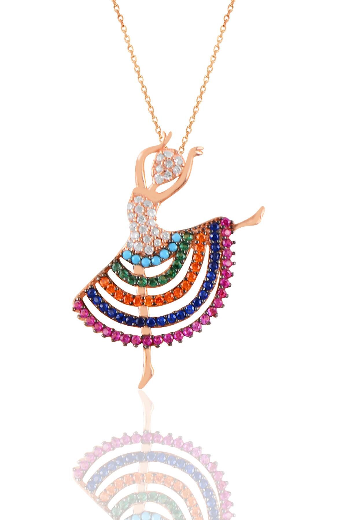 Gümüş rose renkli taşlı balerin  kolye SGTL11207ROSE