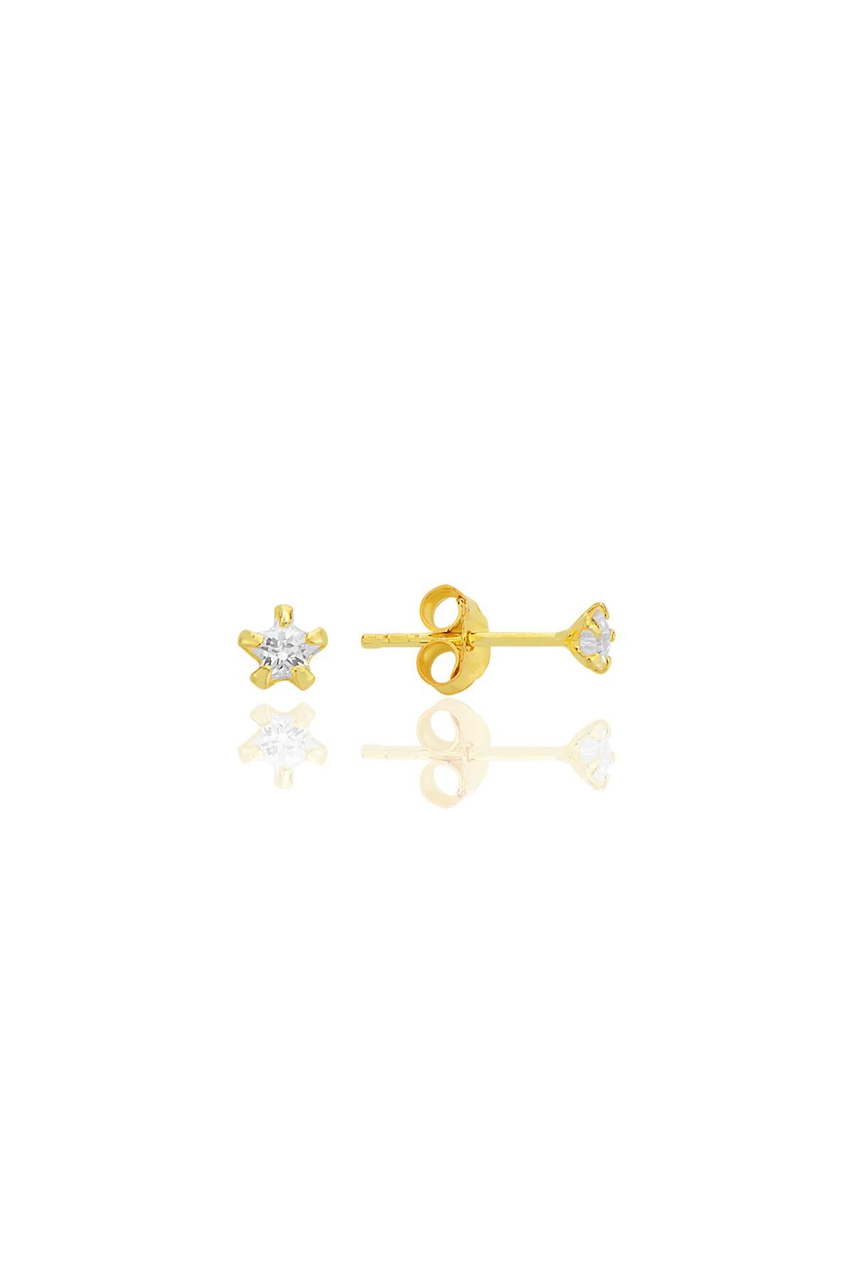 Gümüş zirkon taşlı, altın yaldızlı, yıldız kesim 3 mm tektaş küpe SGTL12735GOLD