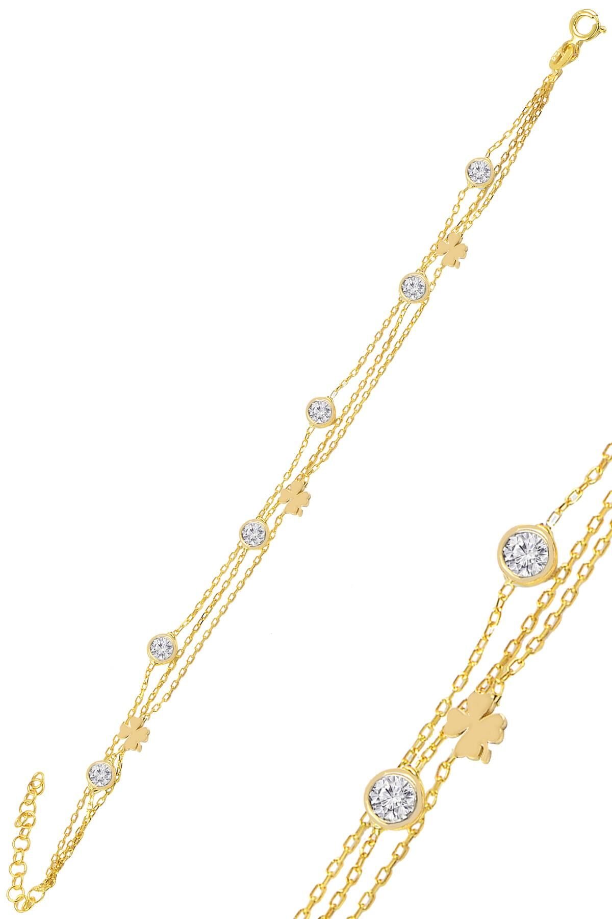 Gümüş altın yaldızlı zirkon taşlı yonca  figürlü bileklik SGTL11015GOLD