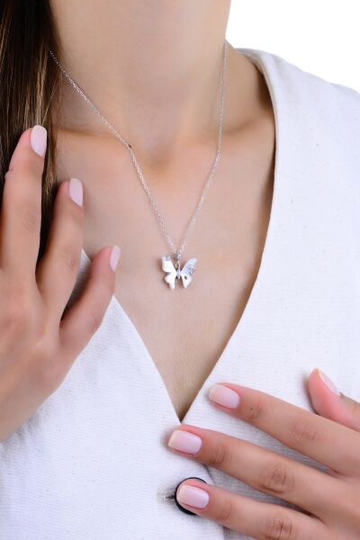 Gümüş rodyumlu sedef ve zirkon taşlı rüya kelebeği kolye SGTL12955RODAJ