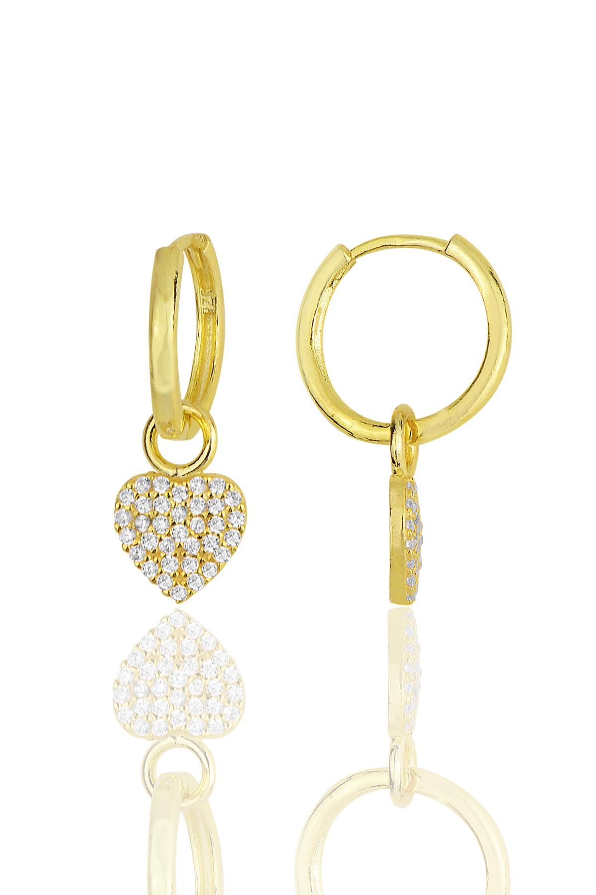 Gümüş altın yaldızlı zirkon taşlı kalp küpe SGTL11946GOLD