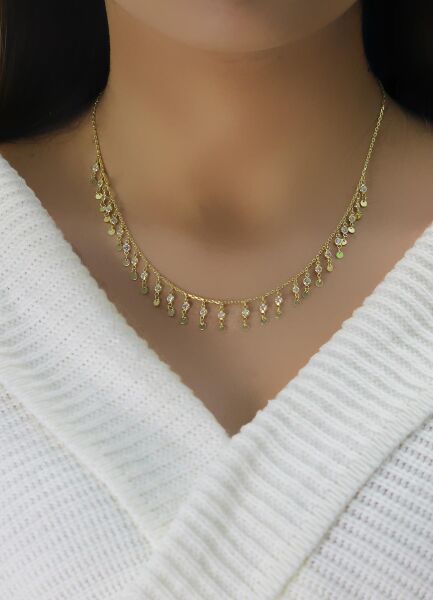 Gümüş altın yaldızlı zirkon taşlı pullu kolye SGTL10497GOLD