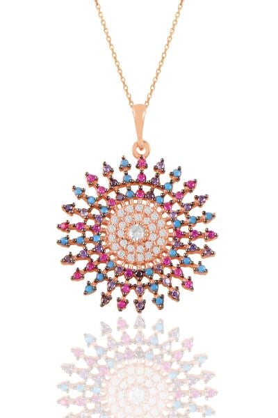Gümüş rose renkli taşlı tasarım kolye  SGTL11206ROSE