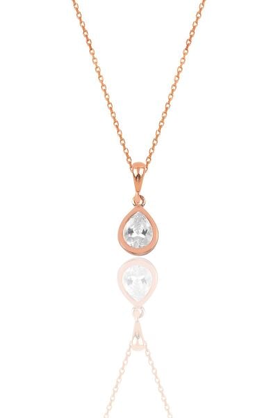 Gümüş rose zirkon taşlı damla modeli kolye SGTL12077BEYAZ