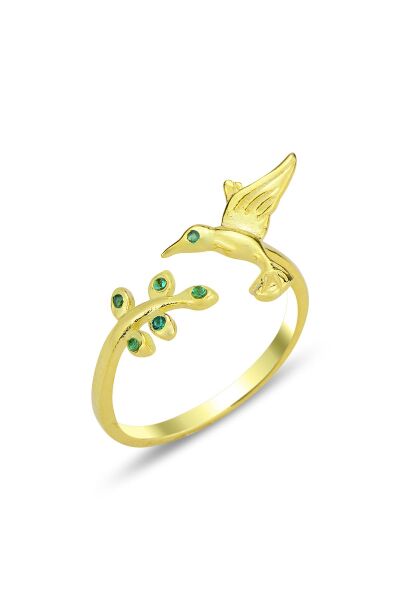 Gümüş altın yaldızlı yeşil taşlı üstten ayarlanabilir kırlangıç yüzük SGTL12305GOLD
