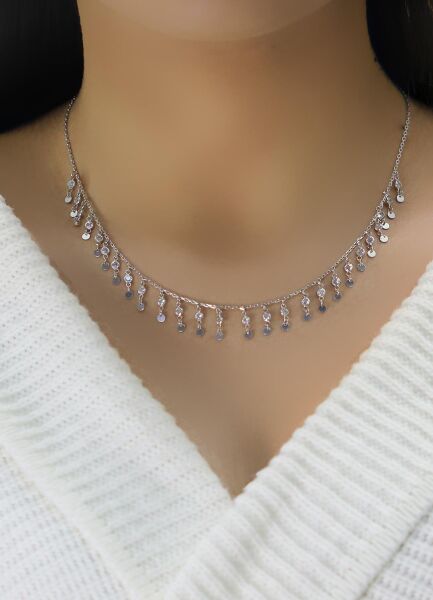 Gümüş rodyumlu zirkon taşlı pullu kolye SGTL10497RODAJ