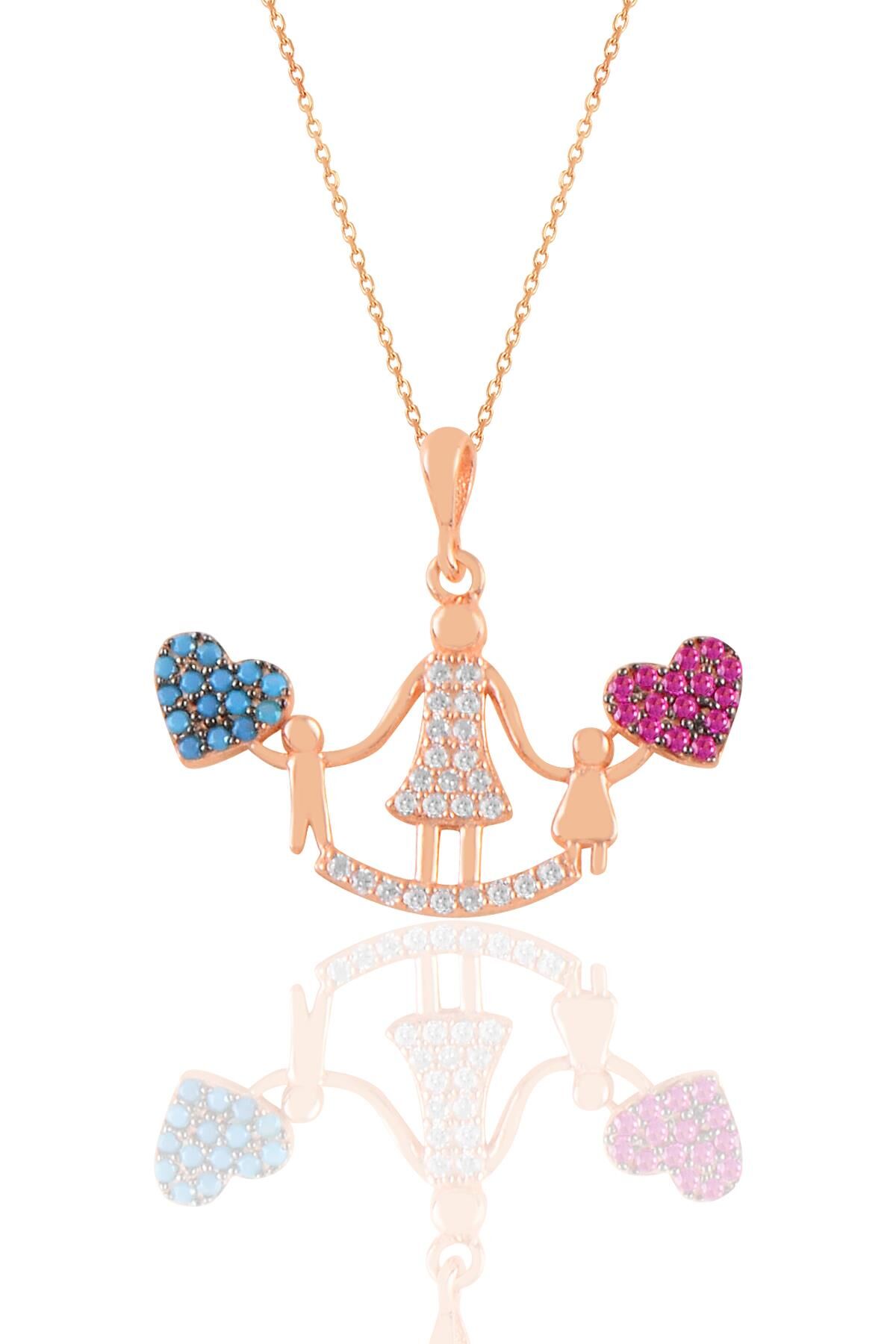 Gümüş rose kök yakut ve turkuaz taşlı kalpli anne ve çocuklar kolye SGTL11205ROSE