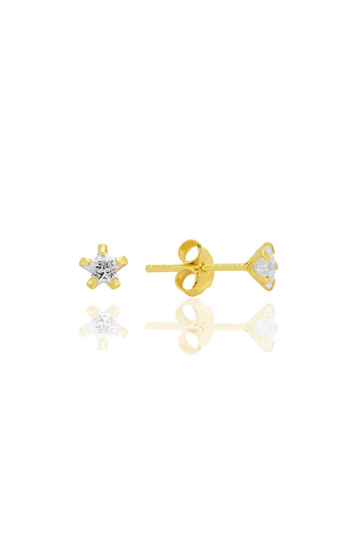 Gümüş zirkon taşlı, altın yaldızlı, yıldız kesim 4 mm tektaş küpe SGTL12736GOLD