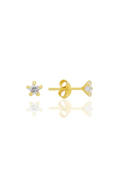 Gümüş zirkon taşlı, altın yaldızlı, yıldız kesim 4 mm tektaş küpe SGTL12736GOLD