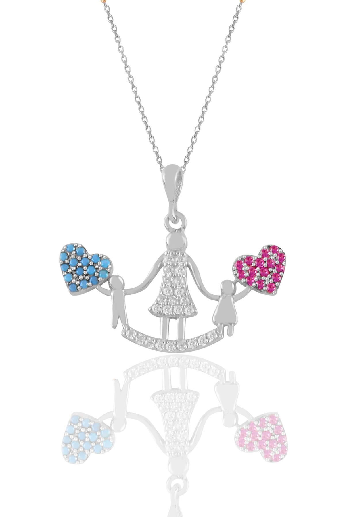 Gümüş rodyumlu kök yakut ve turkuaz taşlı kalpli anne ve çocuklar kolye SGTL11205RODAJ